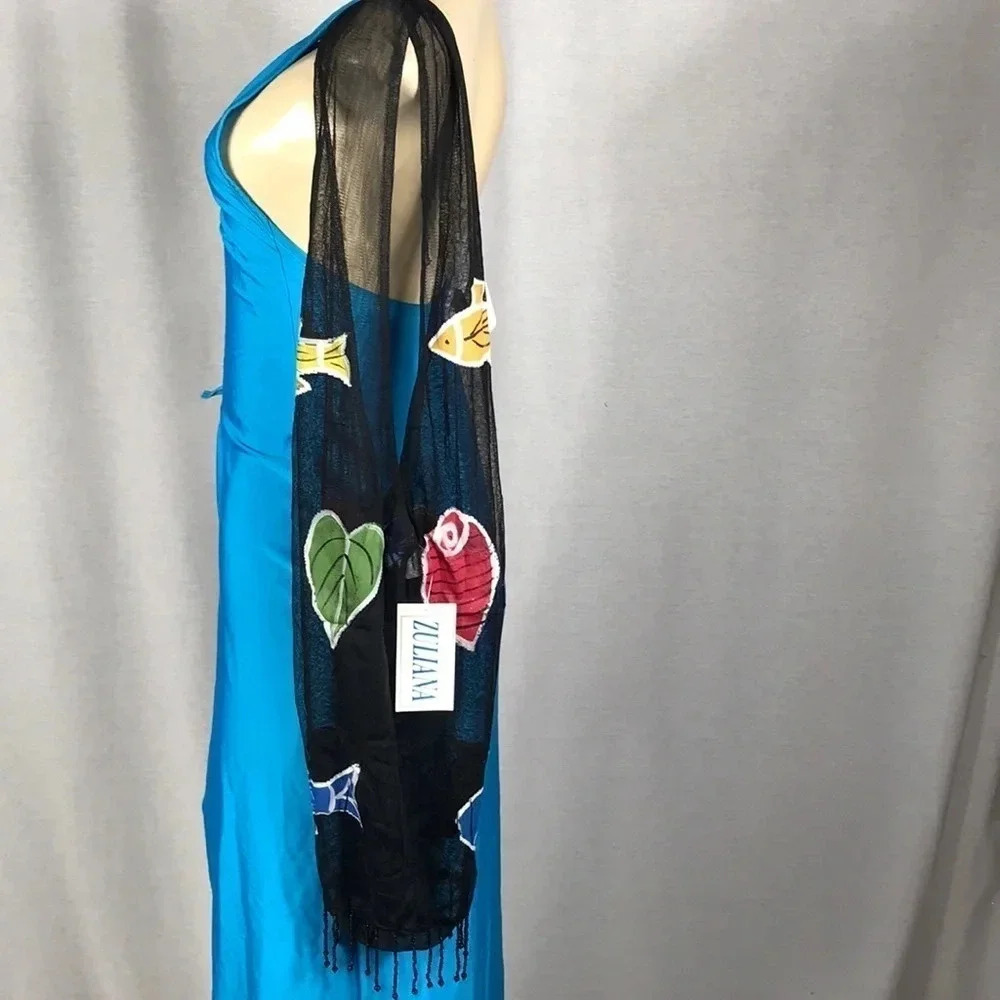 Zuliana Black Mesh Fish Print Shoulder Bag With Beaded Fringe Bottom. New